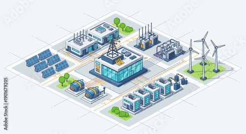 Isometric smart energy grid illustration sustainable urban infrastructure with renewable power (solar, wind), data centers, factories, and storage