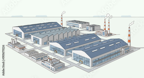 Isometric Illustration of a Vast Industrial Complex with Multiple Factory Buildings, Warehouses, and Production Facilities for Manufacturing and Business Operations