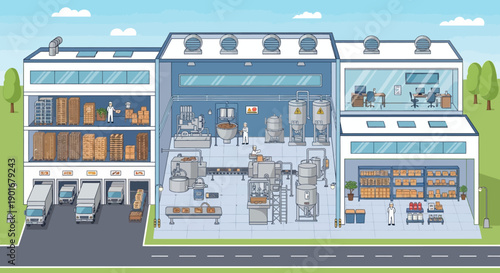 Industrial factory cross-section illustration depicting a complete production cycle with warehouse logistics, processing machinery, administrative offices, and finished goods storage