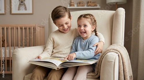 Happy children reading a book together in a cozy living room  