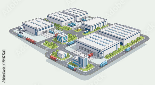 Modern industrial logistics park isometric illustration. Depicting warehouse buildings, delivery trucks, and office complexes for efficient supply chain management and urban distribution
