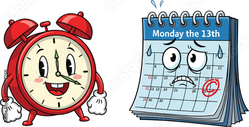 Funny cartoon clock talking to worried calendar on Monday the 13th, humorous time and date illustration with emotional expressions