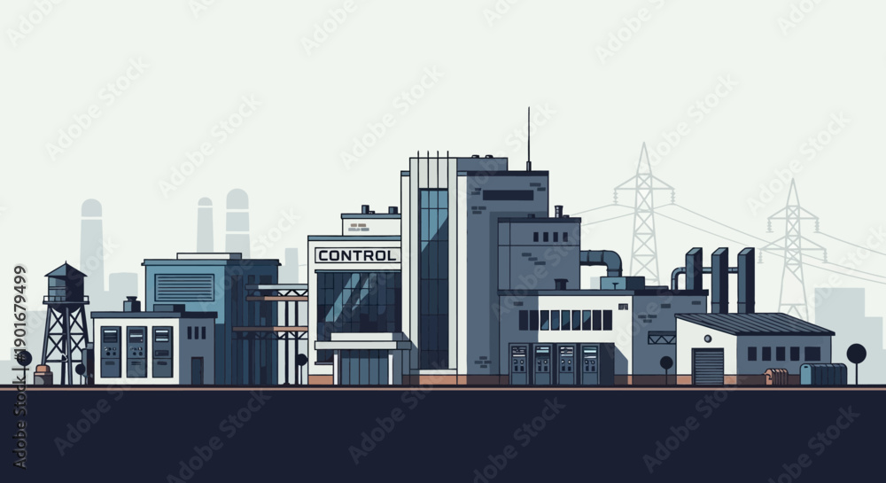 Obraz premium Sleek and Modern Industrial Complex Illustration Featuring a Central Control Building, Manufacturing Units, and Essential Utility Structures Under a Clear Sky