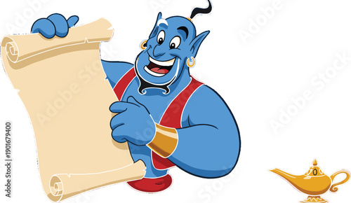 Funny cartoon blue genie holding blank scroll with magic lamp, fantasy character illustration, Arabian fairy tale vector design