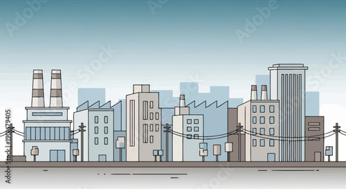 Contemporary urban industrial landscape line art illustration featuring factories, office buildings, and power lines against a clear sky, representing infrastructure and economic growth