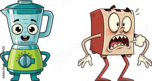 Funny cartoon blender and angry toast character illustration, cute kitchen appliances concept, creative breakfast art, food and cooking humor design