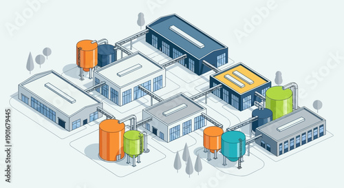 Industrial complex isometric illustration modern factory buildings, storage tanks, and pipe networks for advanced manufacturing and production