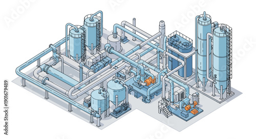 Isometric illustration of a modern industrial facility featuring interconnected processing units, storage tanks, and pump systems for manufacturing or chemical treatment
