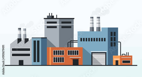 Colorful flat design illustration of an industrial complex with multiple factory buildings and smokestacks, representing manufacturing, production, and the backbone of industry
