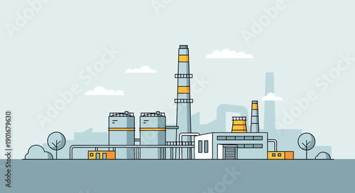 Modern industrial complex illustration with multiple factory buildings, tall smokestacks, and storage tanks under a clear sky, depicting heavy manufacturing and energy production infrastructure