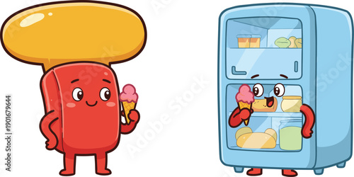 Funny anthropomorphic ice cream, cartoon refrigerator character, food storage concept, kids illustration, healthy eating, summer dessert, playful food art