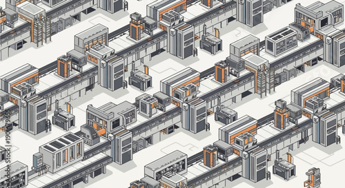 Isometric digital pattern of an automated factory. Intricate production lines and advanced machinery depict modern manufacturing efficiency and technological innovation