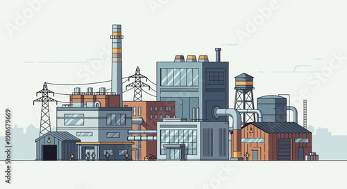 Modern industrial factory complex illustration depicting manufacturing plants, towering chimneys, production facilities, and energy infrastructure in a flat design style