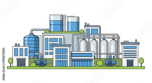 Modern Industrial Factory or Processing Plant with Advanced Technology and Sustainable Practices in a Flat Line Art Style, Showcasing Manufacturing and Production Facilities with Tanks and Pipelines