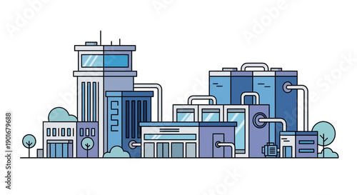 Flat line art illustration of a modern industrial complex with multiple factories and production facilities, featuring various buildings, tanks, and pipelines in a clean, contemporary design style