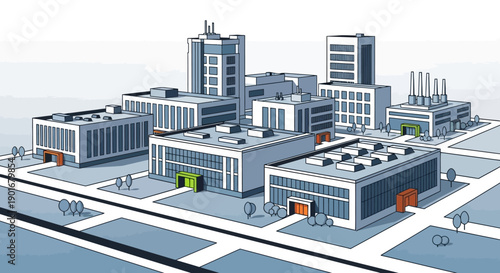 Isometric illustration of a modern industrial complex, featuring factories, offices, and warehouses. Symbolizes urban development, manufacturing, and business growth