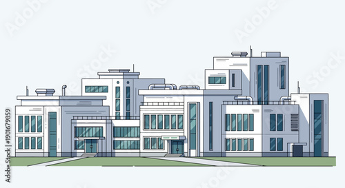 Modern multi-story corporate building complex with sleek design and numerous windows, representing contemporary architecture and urban development suitable for various institutions