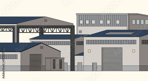 Flat design illustration of a modern industrial park featuring a range of factory and warehouse buildings, depicting robust manufacturing and logistical infrastructure for global commerce