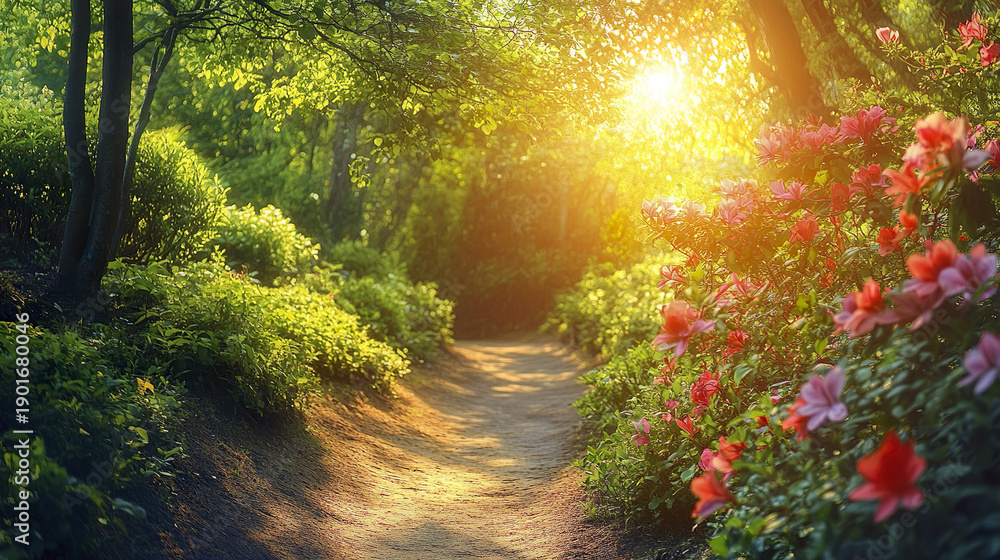 Obraz premium Sunlight filters through lush green trees and vibrant pink flowers along peaceful forest path, creating warm and dreamy atmosphere in this serene natural setting