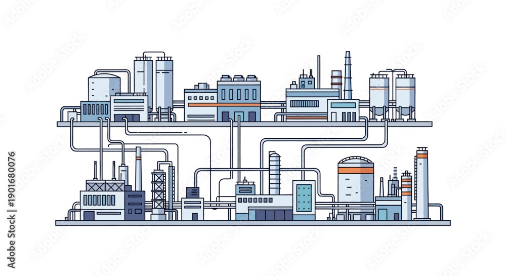 Obraz premium Modern industrial complex showcasing an intricate network of manufacturing facilities and interconnected pipeline systems for chemical processing, energy production, and resource distribution