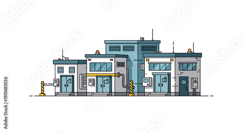 Stylized illustration of a modern industrial complex building, depicting interconnected utility infrastructure for manufacturing, technology, or data processing operations