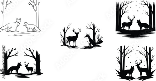 Fox and deer silhouettes, forest wildlife, black and white illustration, nature scene, woodland animals, trees, reflection, peaceful, artistic, contrast