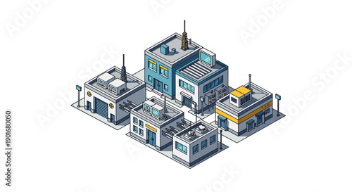 Isometric vector illustration showcasing a cluster of modern urban business buildings and commercial infrastructure, ideal for corporate development concepts