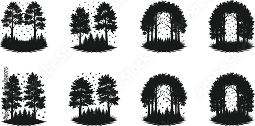 Forest silhouette illustration, tree archway, seasonal foliage, mirrored nature design, black woodland graphic, landscape vector, leaf fall, snow scene