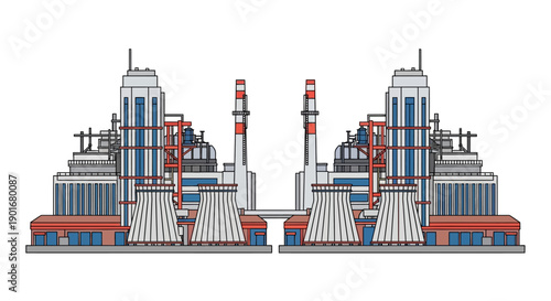 Symmetrical industrial power plant vector illustration, featuring prominent cooling towers and smokestacks, symbolizing energy generation, manufacturing, and infrastructure