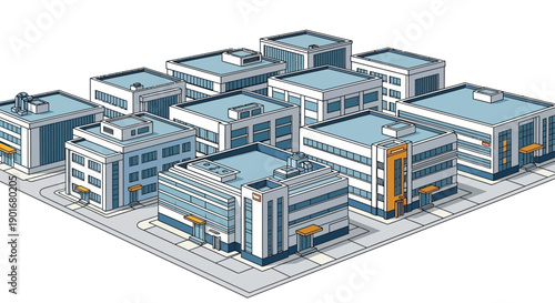 Isometric Urban Landscape with Modern Architectural Buildings - Digital Representation of a City Block or Business District Development Concept