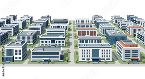 Isometric urban landscape with modern corporate buildings, roads, and infrastructure, representing a business district, city planning, and real estate development