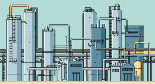 Industrial complex with various storage tanks and processing units, depicting a modern factory infrastructure for chemical production and energy generation