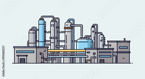 Modern flat design illustration of a complex industrial facility with multiple buildings, tanks, and interconnected piping systems, representing chemical processing or manufacturing infrastructure
