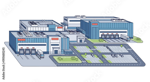 Isometric illustration of a modern industrial complex featuring multiple factory buildings, warehouses, logistics centers with loading docks and parking for efficient supply chain