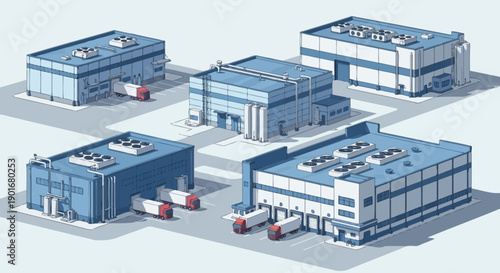 Isometric illustration of modern industrial facilities factories, warehouses, and distribution centers. Efficient logistics and supply chain with cargo trucks
