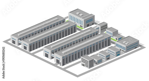 Isometric illustration of a modern industrial park. Features factory buildings, warehouses, and offices. Represents a structured manufacturing and logistics hub