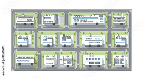Modern industrial park vector illustration showcasing factory buildings and infrastructure in an an urban grid, symbolizing efficient production and economic growth