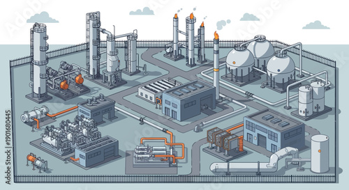 Isometric illustration of an industrial complex. Modern refinery or chemical plant with processing units, storage tanks, and pipelines, symbolizing energy and production