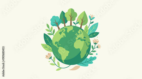 Green Earth Globe with Leaves and Flowers.