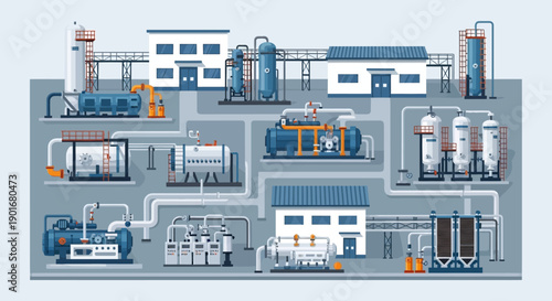 Detailed isometric illustration of a large industrial complex with interconnected factory buildings, storage tanks, and intricate pipeline systems for manufacturing and processing operations