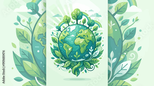 Green Earth surrounded by lush foliage and leaves.