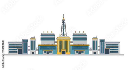 Flat design illustration of a modern urban business and technology hub with sleek architecture and a prominent central communication tower, symbolizing innovation and global connectivity