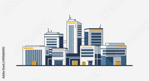 Dynamic vector illustration of a contemporary urban cityscape featuring diverse architectural structures, ideal for depicting growth, innovation, modern business environments, and metropolitan life