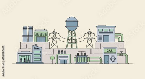 Modern Industrial Infrastructure and Energy Production Network Illustrated A Visual Representation of Power Plants, Gas Storage, and Utility Distribution Systems
