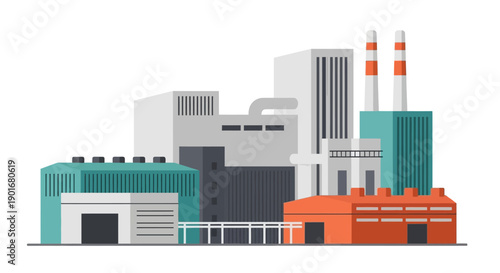 Modern industrial complex illustration featuring various factory buildings, warehouses, and energy plants, symbolizing production and manufacturing processes and economic development