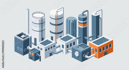 Isometric illustration of a modern industrial complex, showcasing various factory buildings, storage tanks, and interconnected pipelines, representing efficient manufacturing and production processes