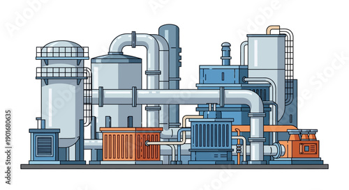 Modern industrial factory complex with multiple buildings, pipes, and storage tanks, illustrating manufacturing processes and energy production in a clean vector style