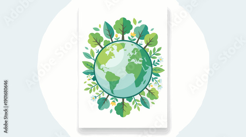 Watercolor Earth Surrounded by Green Leaves.