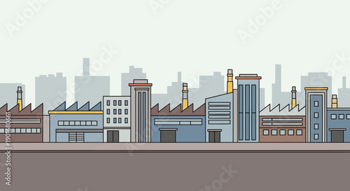 Industrial landscape vector illustration with modern factories, production buildings, smokestacks, and a city skyline, representing urban manufacturing and economic activity