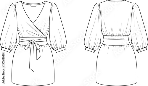 Fashion illustration, women's dress design, puff sleeve dress, wrap bodice, V-neckline, bow waist, technical sketch, garment construction, short skirt, three-quarter sleeve